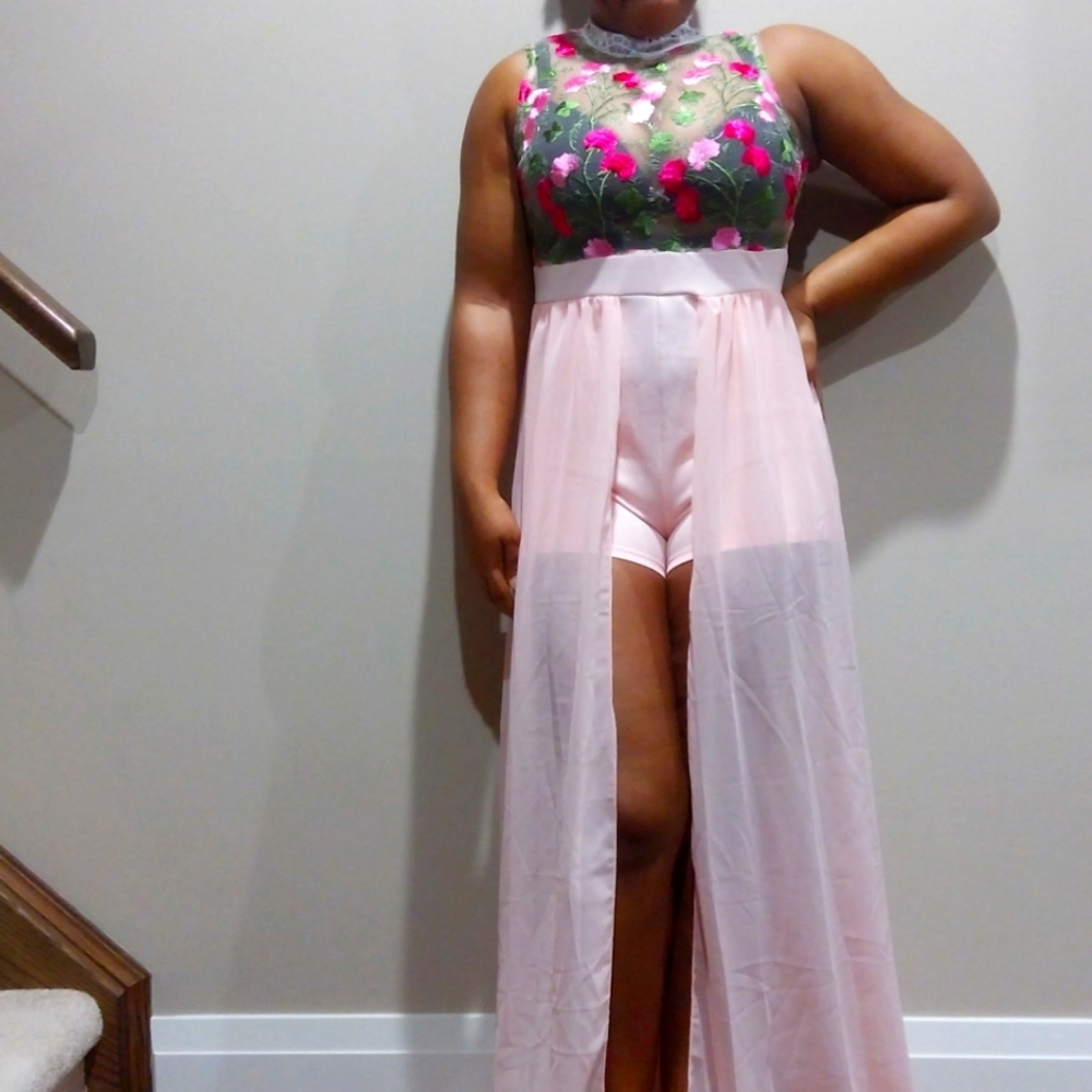 PINK Embroidered Sheer Lace Romper